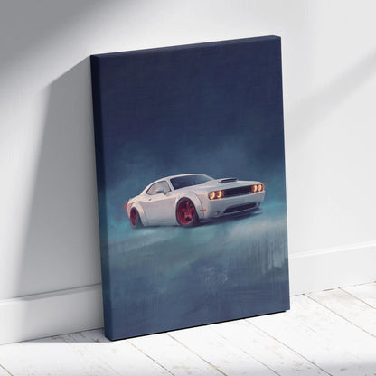 White dodge challenger canvas print with red wheels and glowing headlights on a dark blue misty background