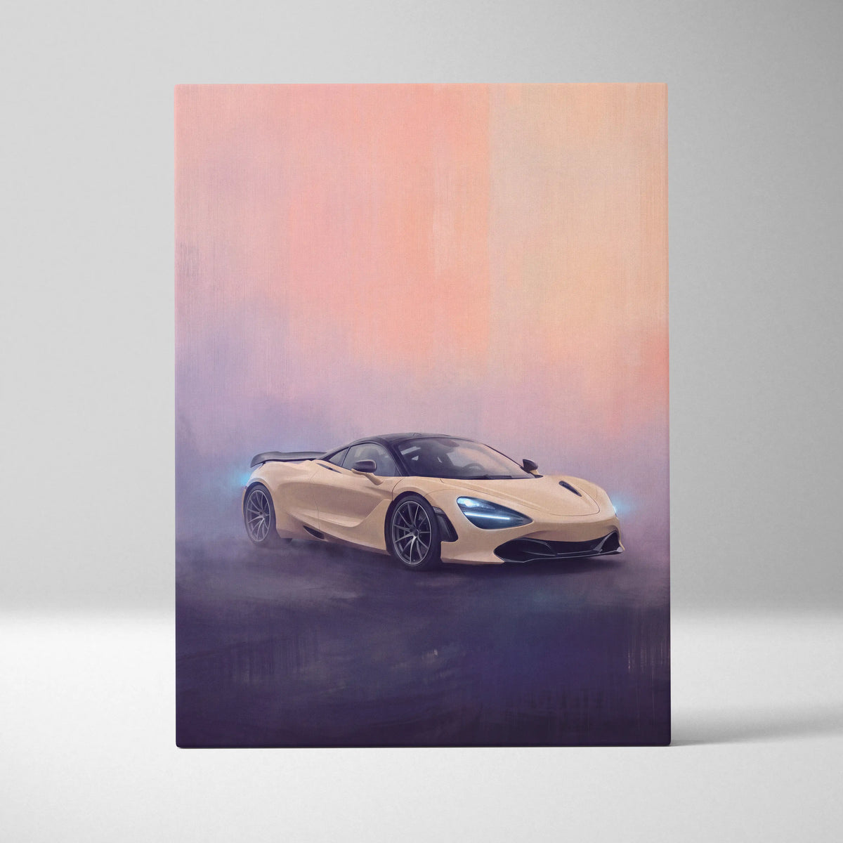 A sleek beige McLaren 720S sports car with glowing blue headlights in a stylized automotive wall art canvas print