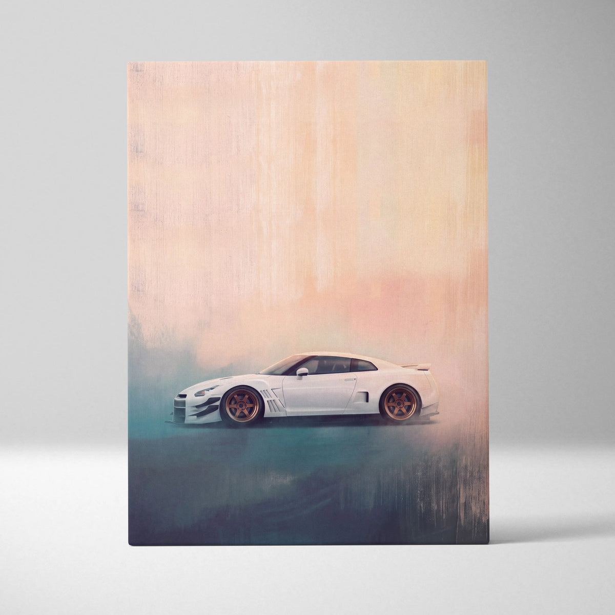 Nissan gt-r inspired canvas wall art featuring a white sports car with gold rims in a stylized widebody design