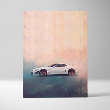 Nissan gt-r inspired canvas wall art featuring a white sports car with gold rims in a stylized widebody design