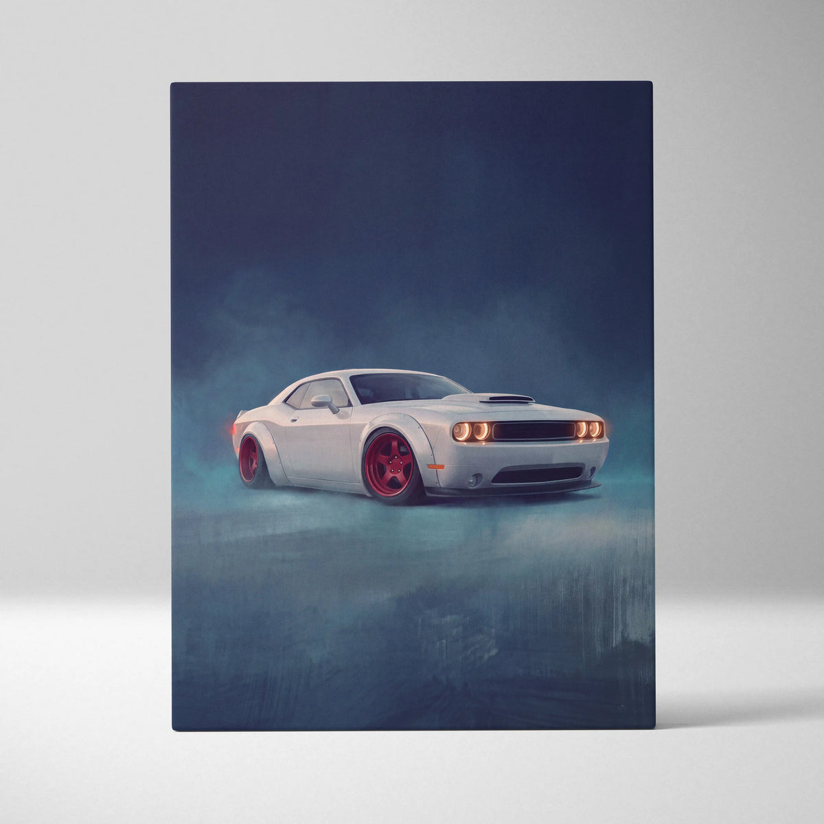 Dodge challenger inspired automotive canvas print featuring white coupe with red wheels and glowing headlights wall art