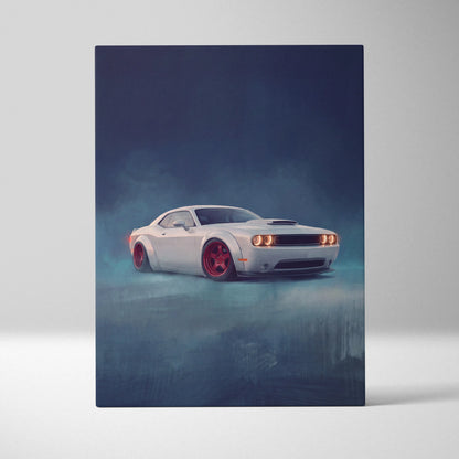 Dodge challenger inspired automotive canvas print featuring white coupe with red wheels and glowing headlights wall art
