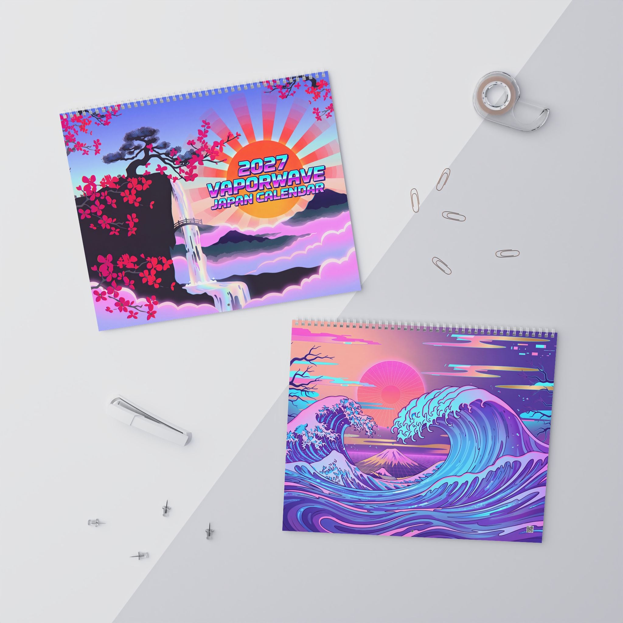2027 Japan Inspired Vaporwave Wall Calendar – Koi Fish, Mount Fuji & Neon Wave Artwork