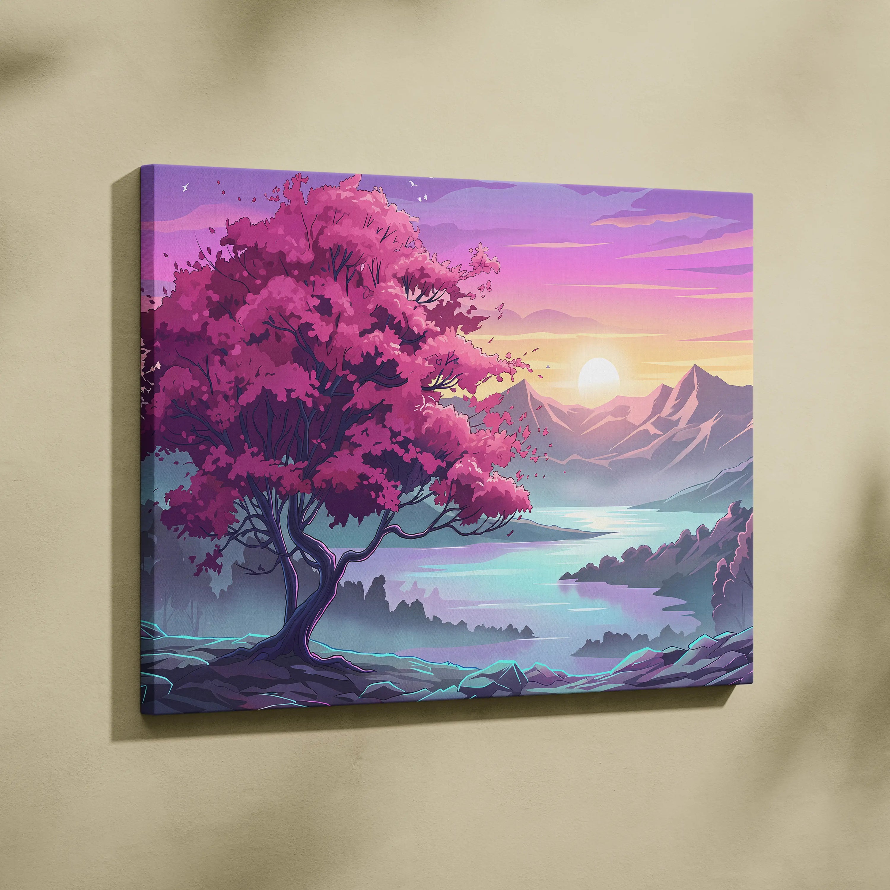 Neon Vaporwave Landscape Canvas - Landscape Neon Pink Purple Cyan Living Room Vaporwave Dreamy Retro Modern Art Canvas
