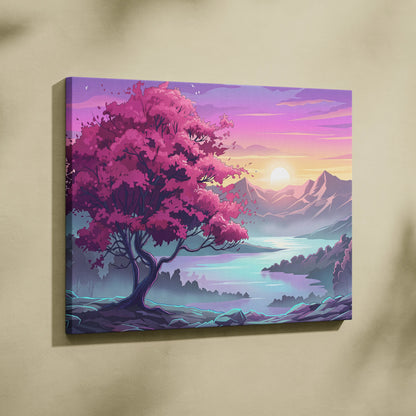 Neon Vaporwave Landscape Canvas - Landscape Neon Pink Purple Cyan Living Room Vaporwave Dreamy Retro Modern Art Canvas