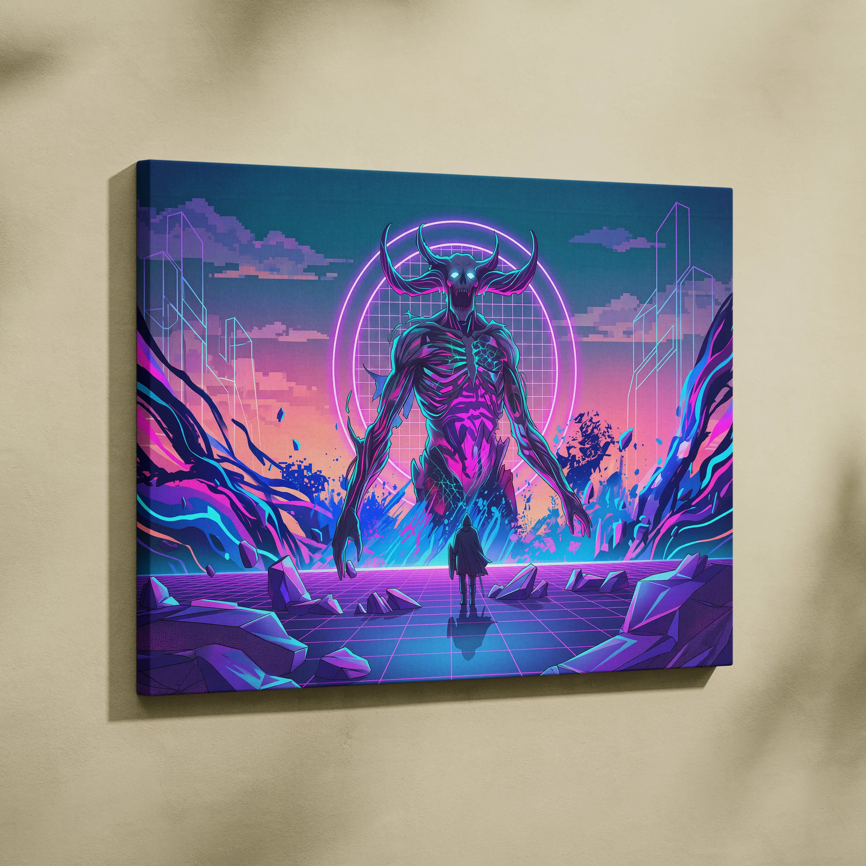 Vaporwave Neon Skull Canvas - Vaporwave Skull Neon Pink Living Room Futurism Mystical Cyberpunk Gallery Canvas