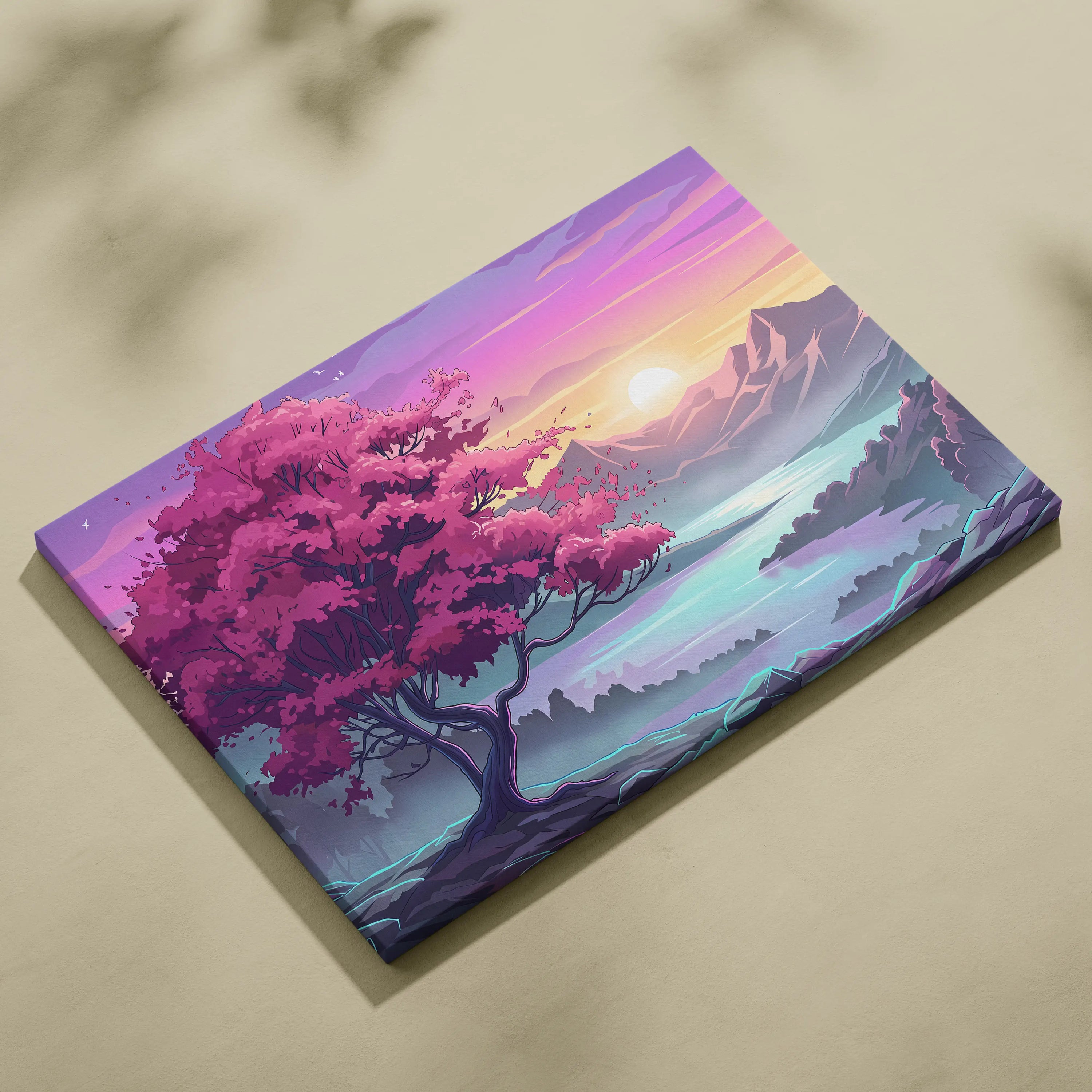 Neon Vaporwave Landscape Canvas - Landscape Neon Pink Purple Cyan Living Room Vaporwave Dreamy Retro Modern Art Canvas
