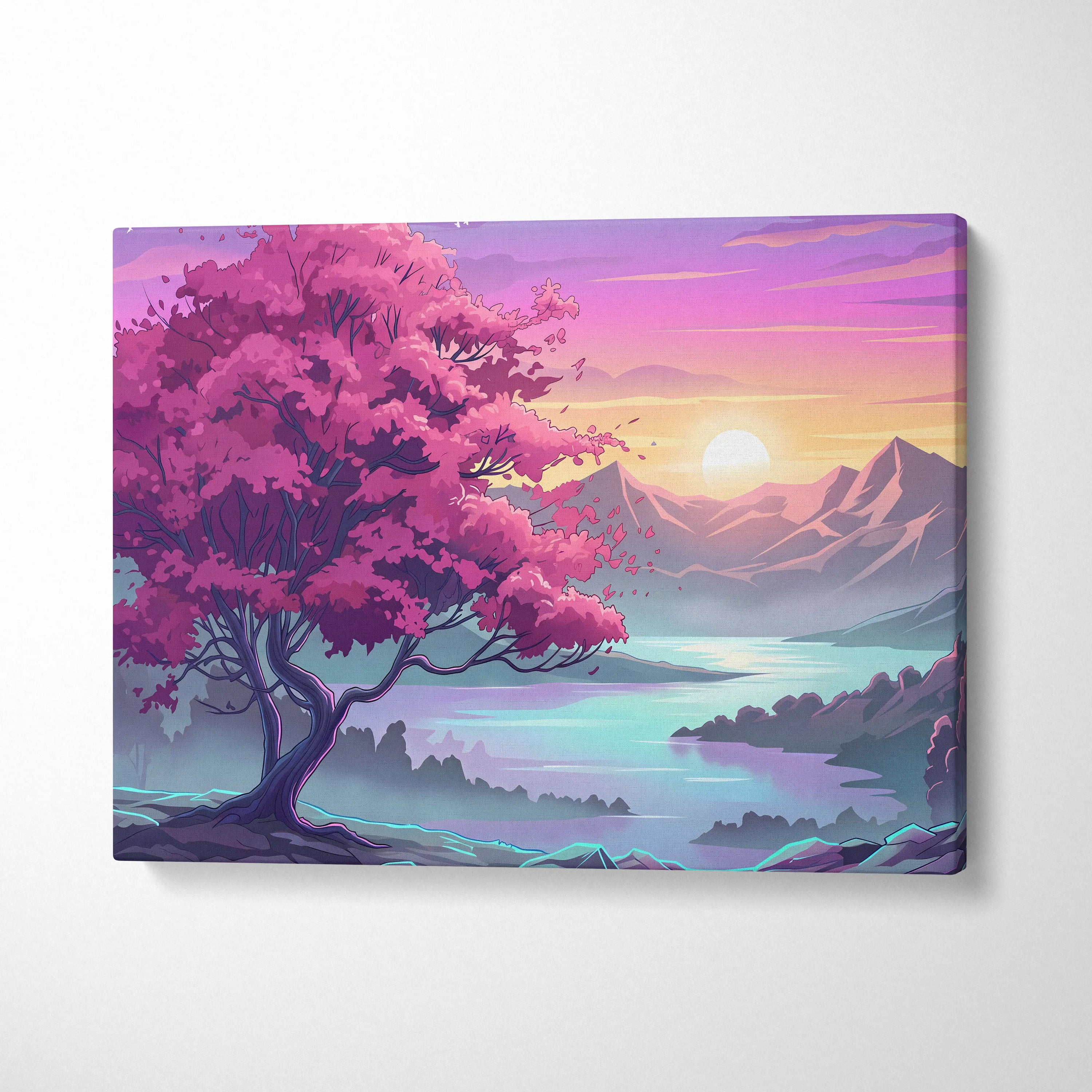 Neon Vaporwave Landscape Canvas - Landscape Neon Pink Purple Cyan Living Room Vaporwave Dreamy Retro Modern Art Canvas