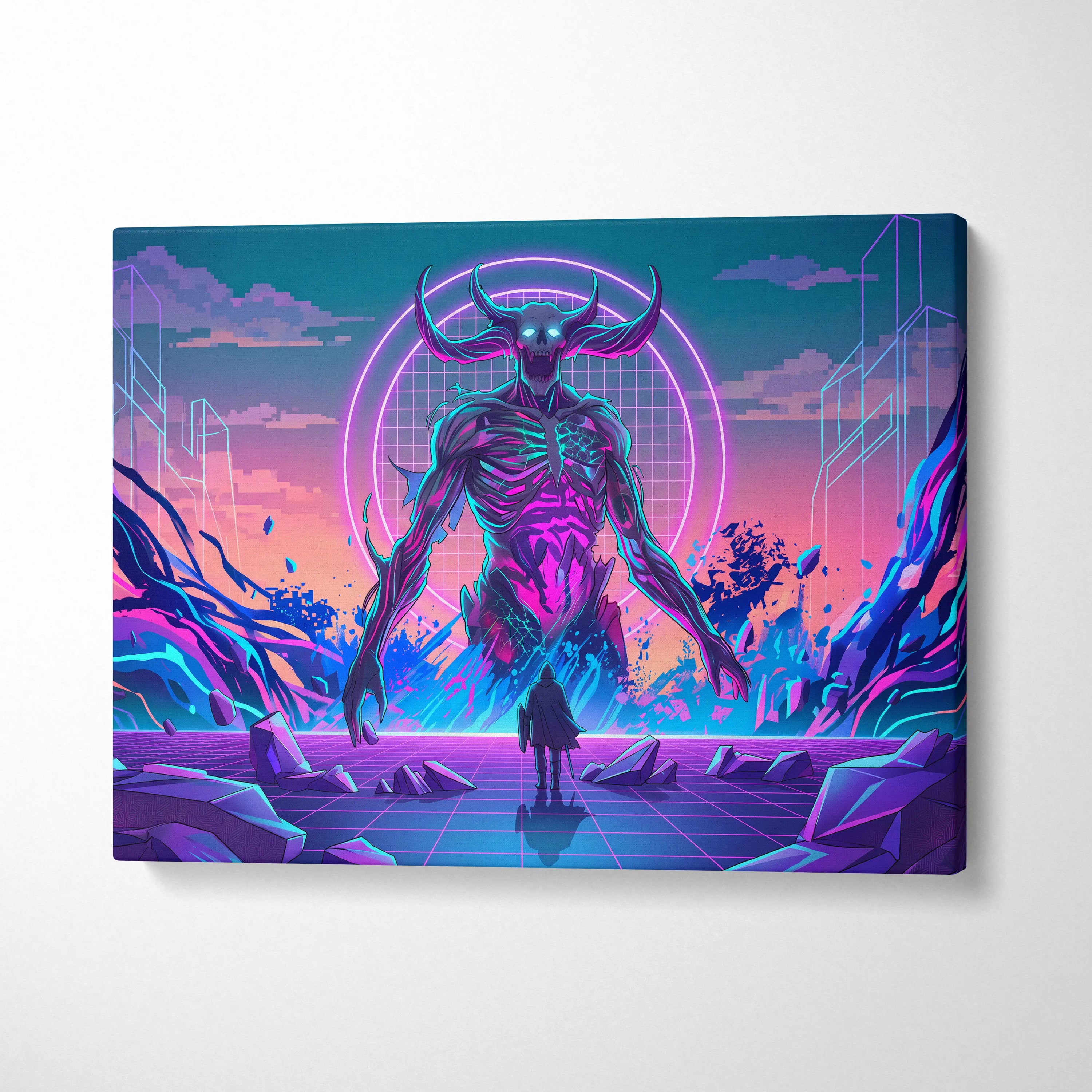 Vaporwave Neon Skull Canvas - Vaporwave Skull Neon Pink Living Room Futurism Mystical Cyberpunk Gallery Canvas