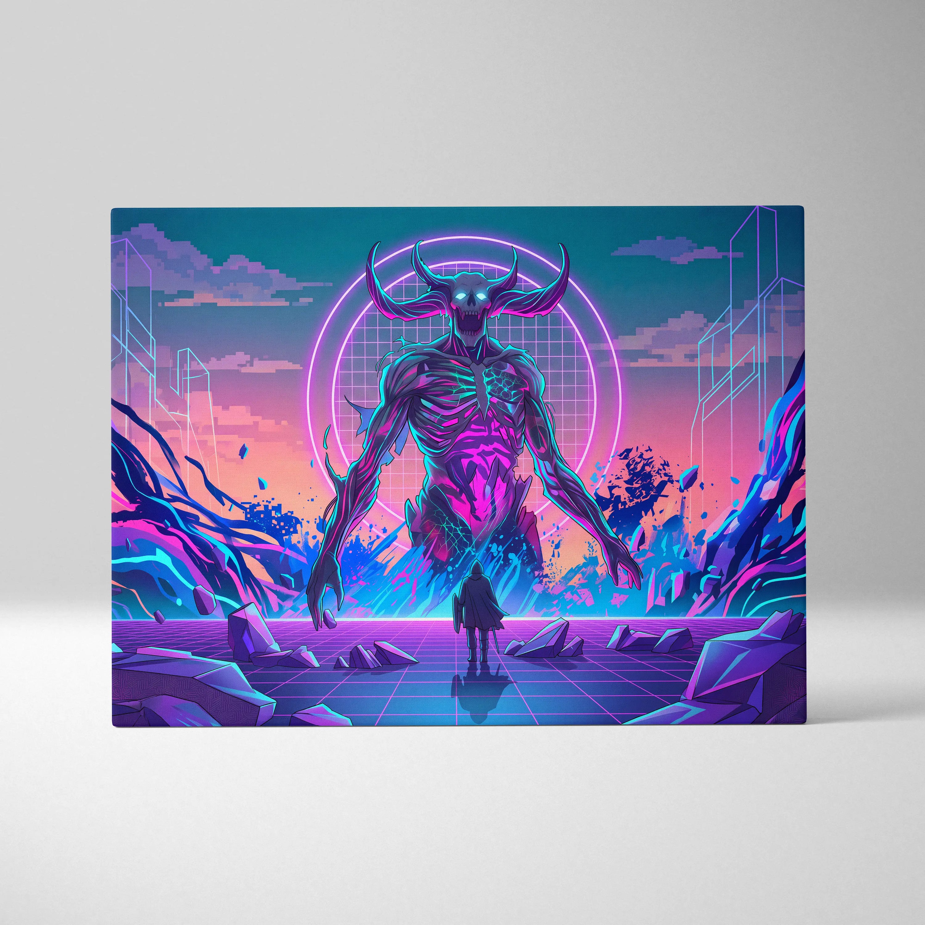 Vaporwave Neon Skull Canvas - Vaporwave Skull Neon Pink Living Room Futurism Mystical Cyberpunk Gallery Canvas