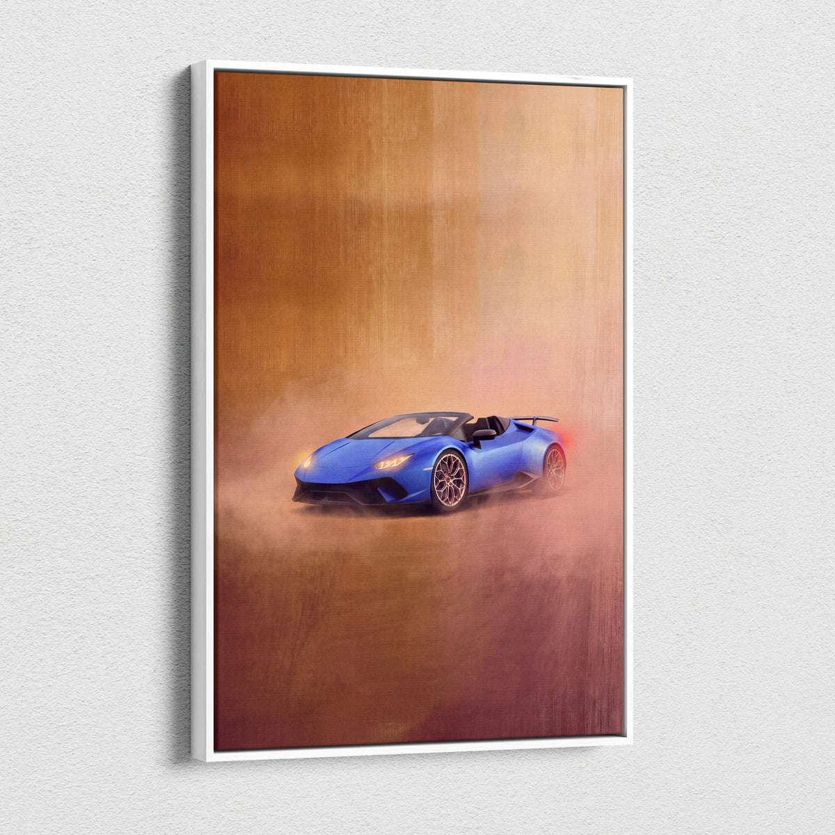 Blue lamborghini huracán spyder convertible art print in white frame luxury supercar canvas wall art