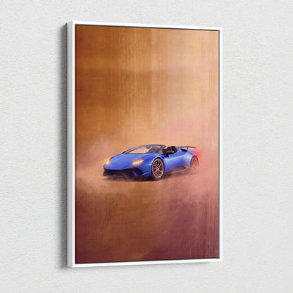 Blue lamborghini huracán spyder convertible art print in white frame luxury supercar canvas wall art