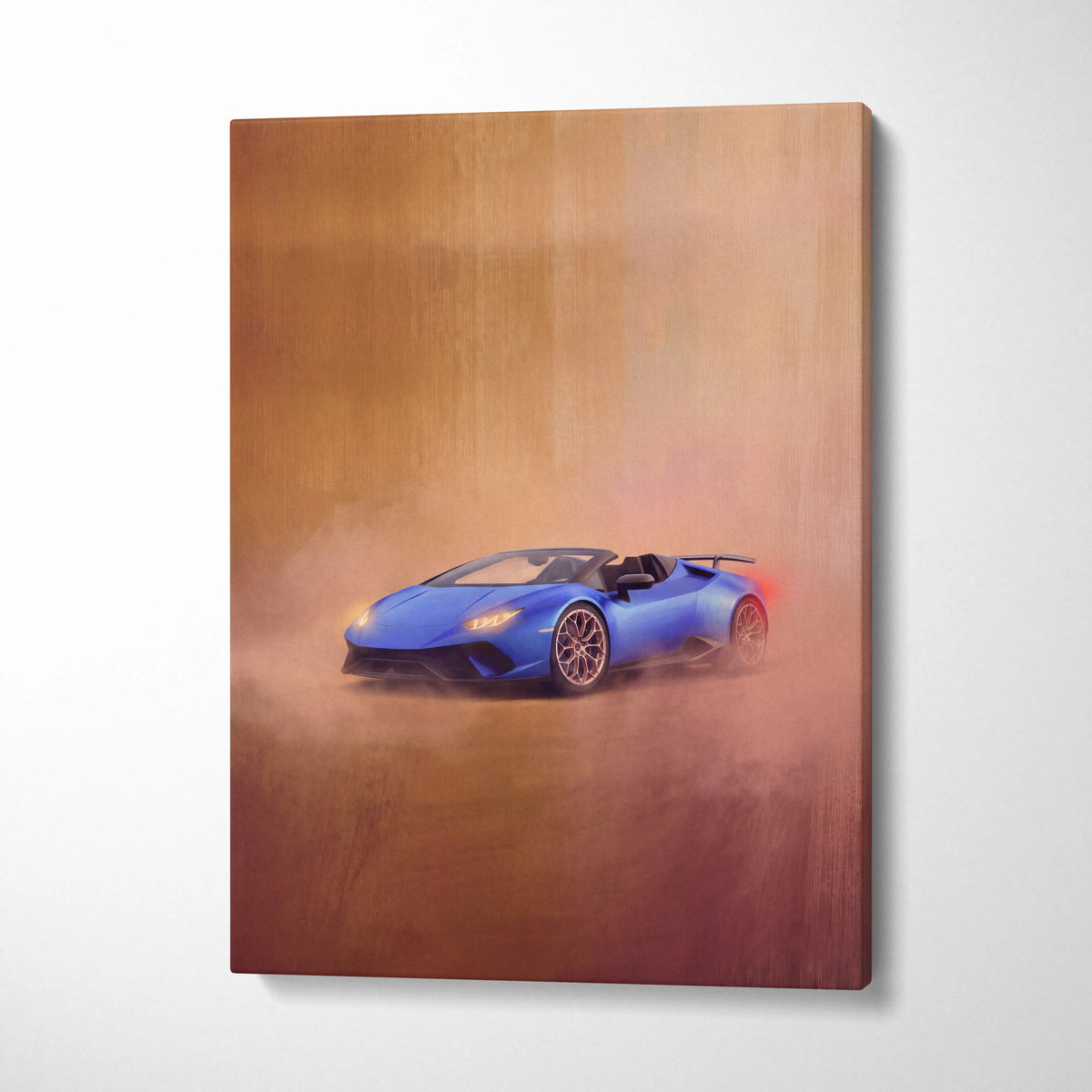 Vibrant blue lamborghini huracán spyder convertible artistic smoky canvas print luxury supercar wall art
