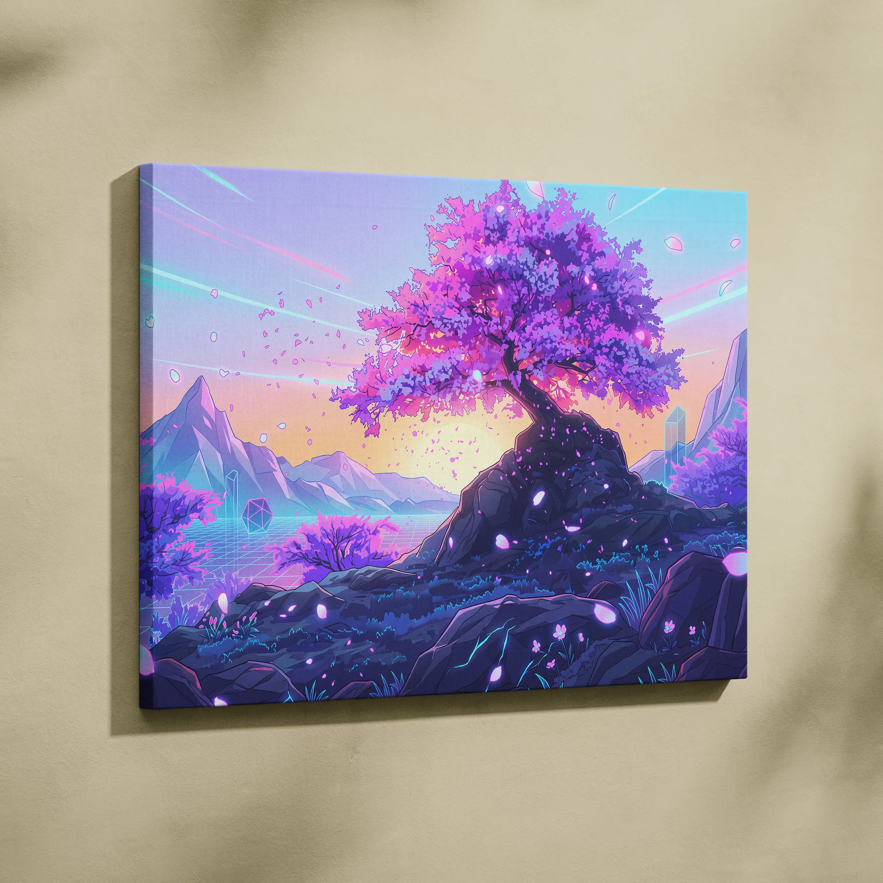 Neon Sakura Vaporwave Canvas - Sakura Tree Neon Pink Purple Blue Living Decor Vaporwave Dreamy Surreal Wall Art Canvas