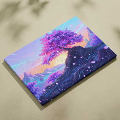Neon Sakura Vaporwave Canvas - Sakura Tree Neon Pink Purple Blue Living Decor Vaporwave Dreamy Surreal Wall Art Canvas