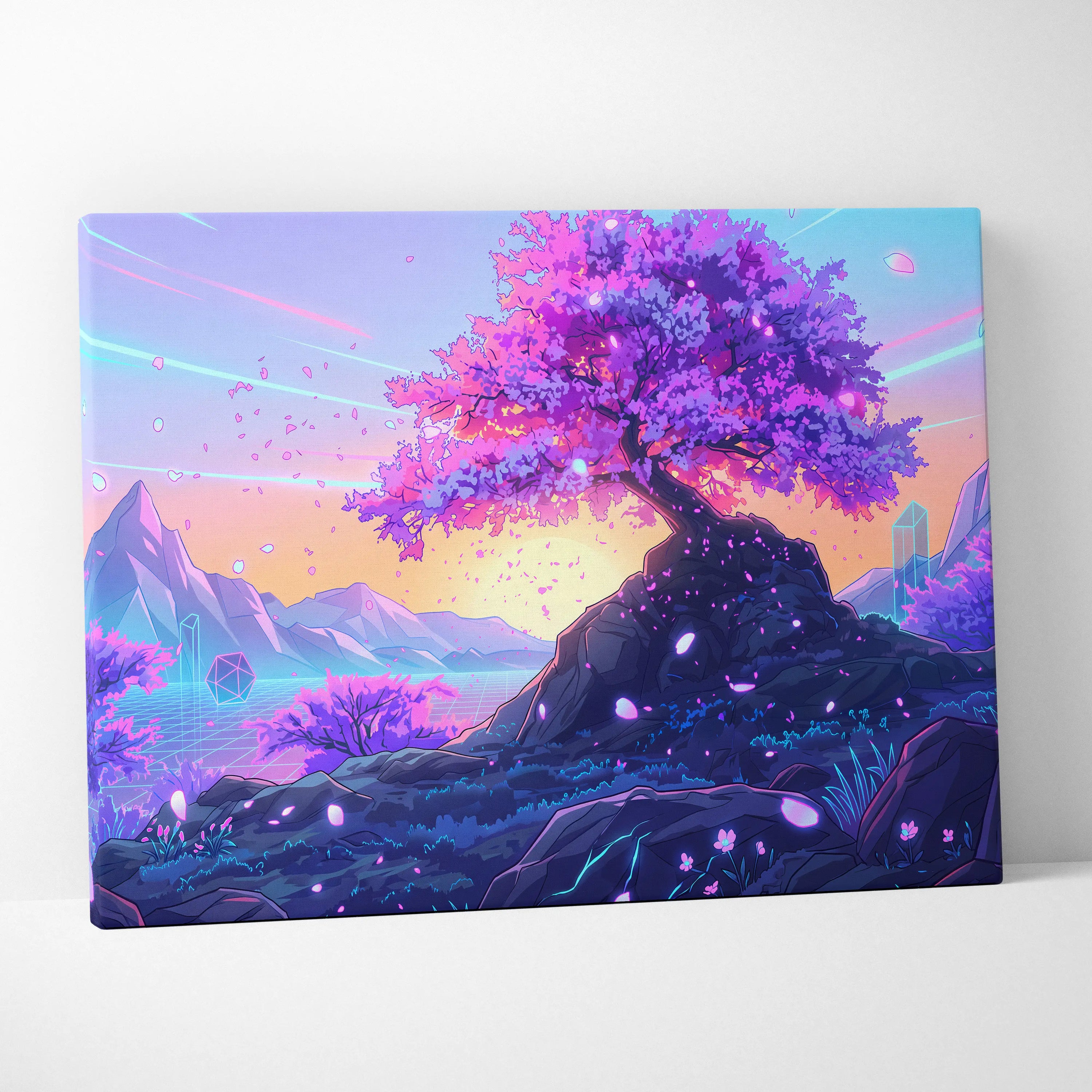 Neon Sakura Vaporwave Canvas - Sakura Tree Neon Pink Purple Blue Living Decor Vaporwave Dreamy Surreal Wall Art Canvas