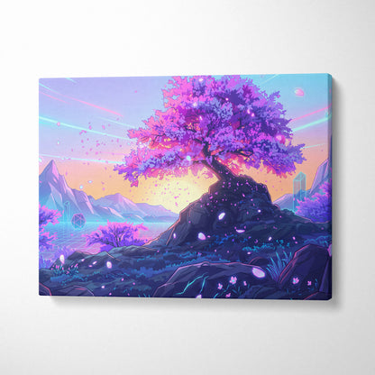 Neon Sakura Vaporwave Canvas - Sakura Tree Neon Pink Purple Blue Living Decor Vaporwave Dreamy Surreal Wall Art Canvas