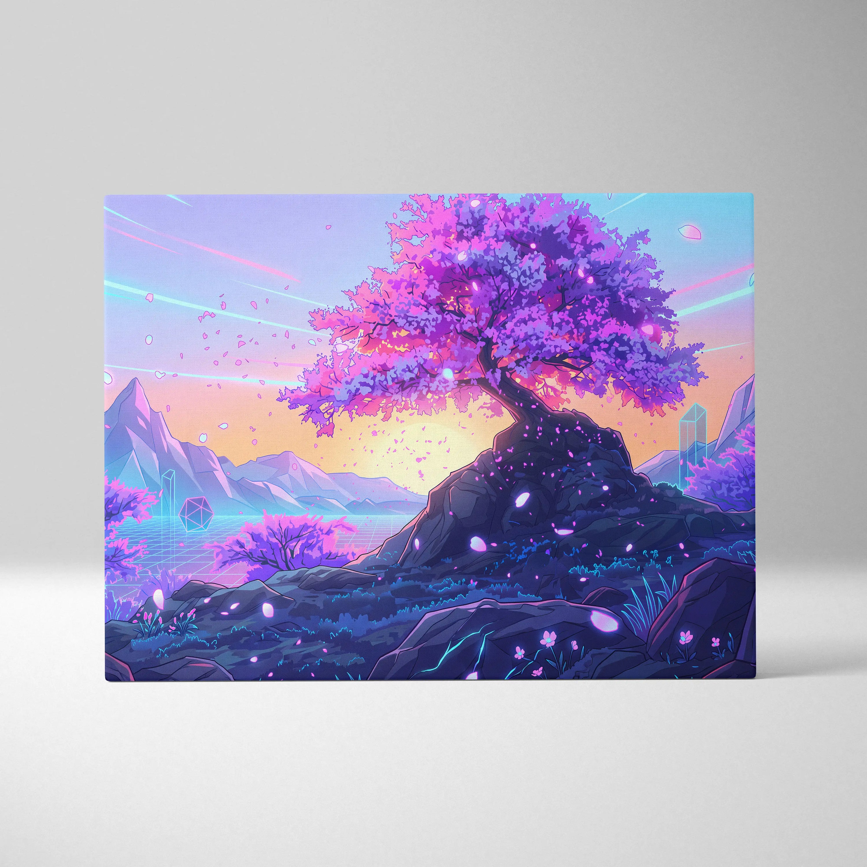Neon Sakura Vaporwave Canvas - Sakura Tree Neon Pink Purple Blue Living Decor Vaporwave Dreamy Surreal Wall Art Canvas