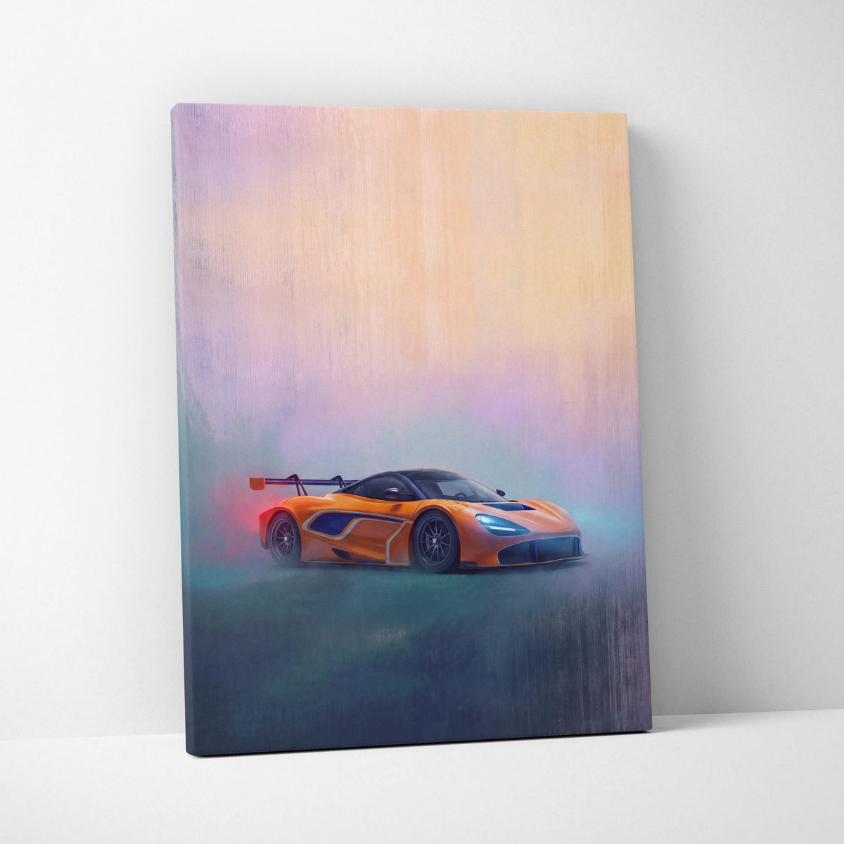 Vibrant orange mclaren 720s gt3 inspired supercar canvas art print with stylized misty landscape background