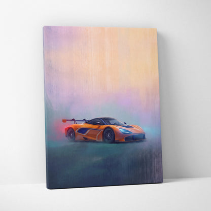 Vibrant orange mclaren 720s gt3 inspired supercar canvas art print with stylized misty landscape background