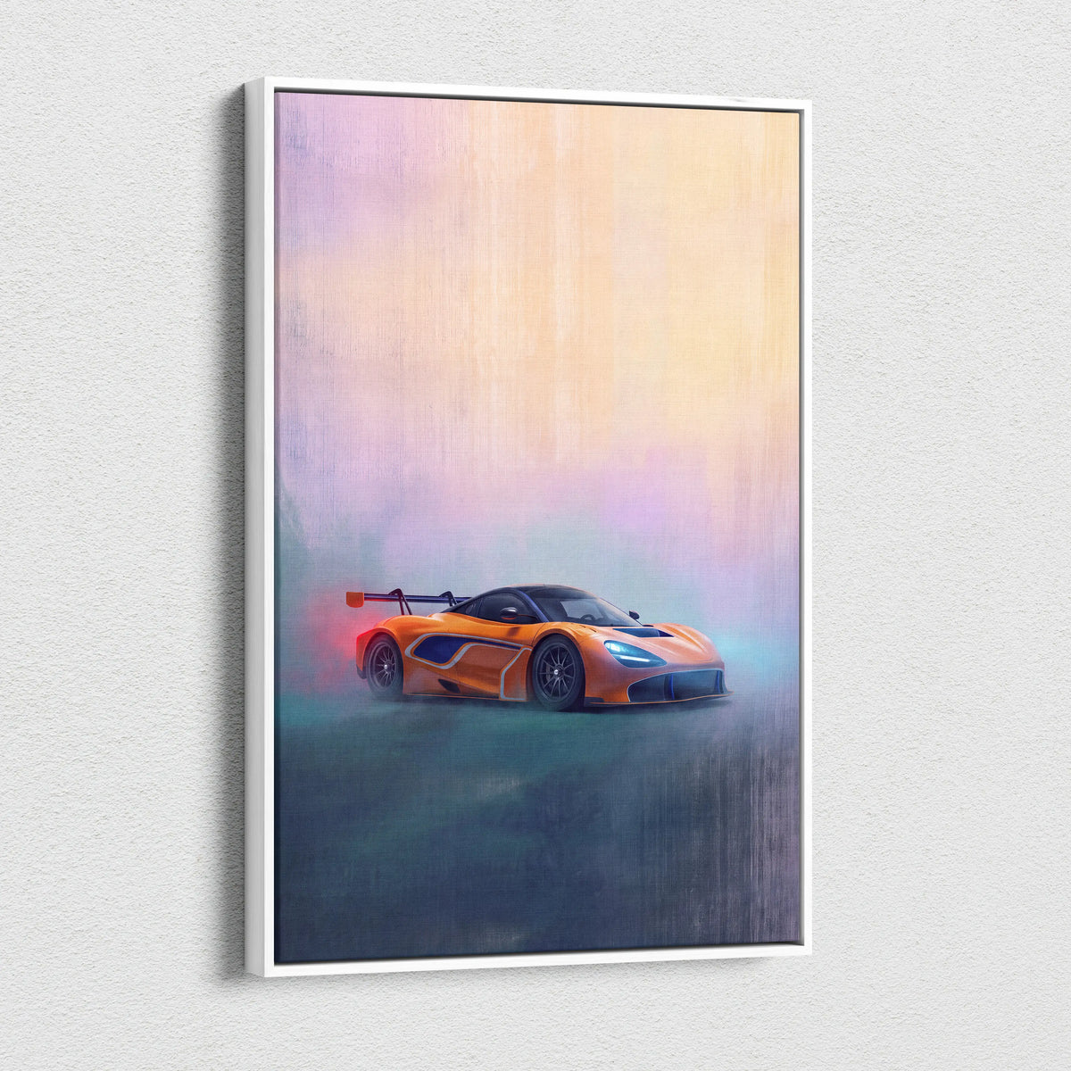 Orange McLaren Senna sports car in stylized painterly artwork within white frame for McLaren 720S GT3 inspired wall art