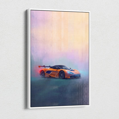 Orange McLaren Senna sports car in stylized painterly artwork within white frame for McLaren 720S GT3 inspired wall art