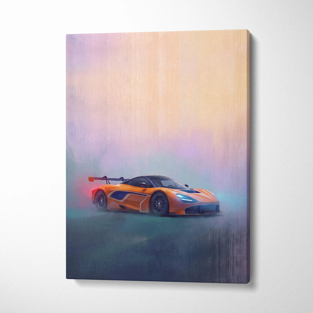 Orange mclaren senna race car with glowing blue headlights on a misty sky in mclaren 720s gt3 inspired canvas art