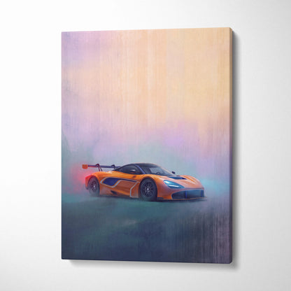 Orange mclaren senna race car with glowing blue headlights on a misty sky in mclaren 720s gt3 inspired canvas art