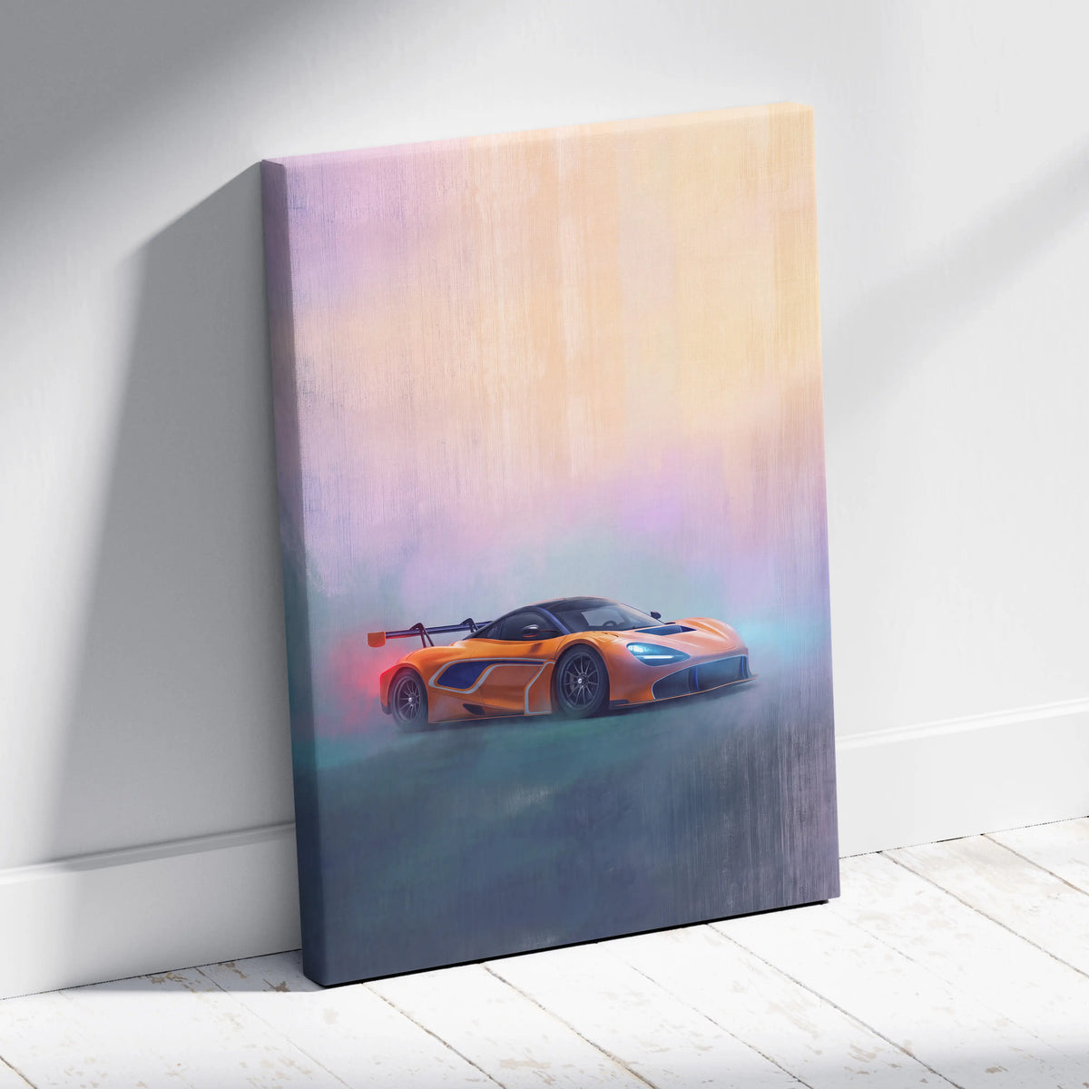 Orange mclaren 720s gt3 inspired supercar canvas art print with gradient sky background for custom car wall decor