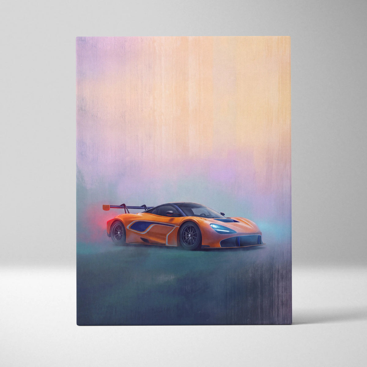 McLaren 720S GT3 inspired supercar canvas art featuring a vibrant orange stylized Speedtail with glowing blue headlights