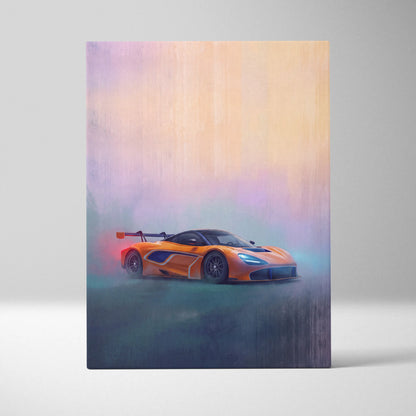 McLaren 720S GT3 inspired supercar canvas art featuring a vibrant orange stylized Speedtail with glowing blue headlights