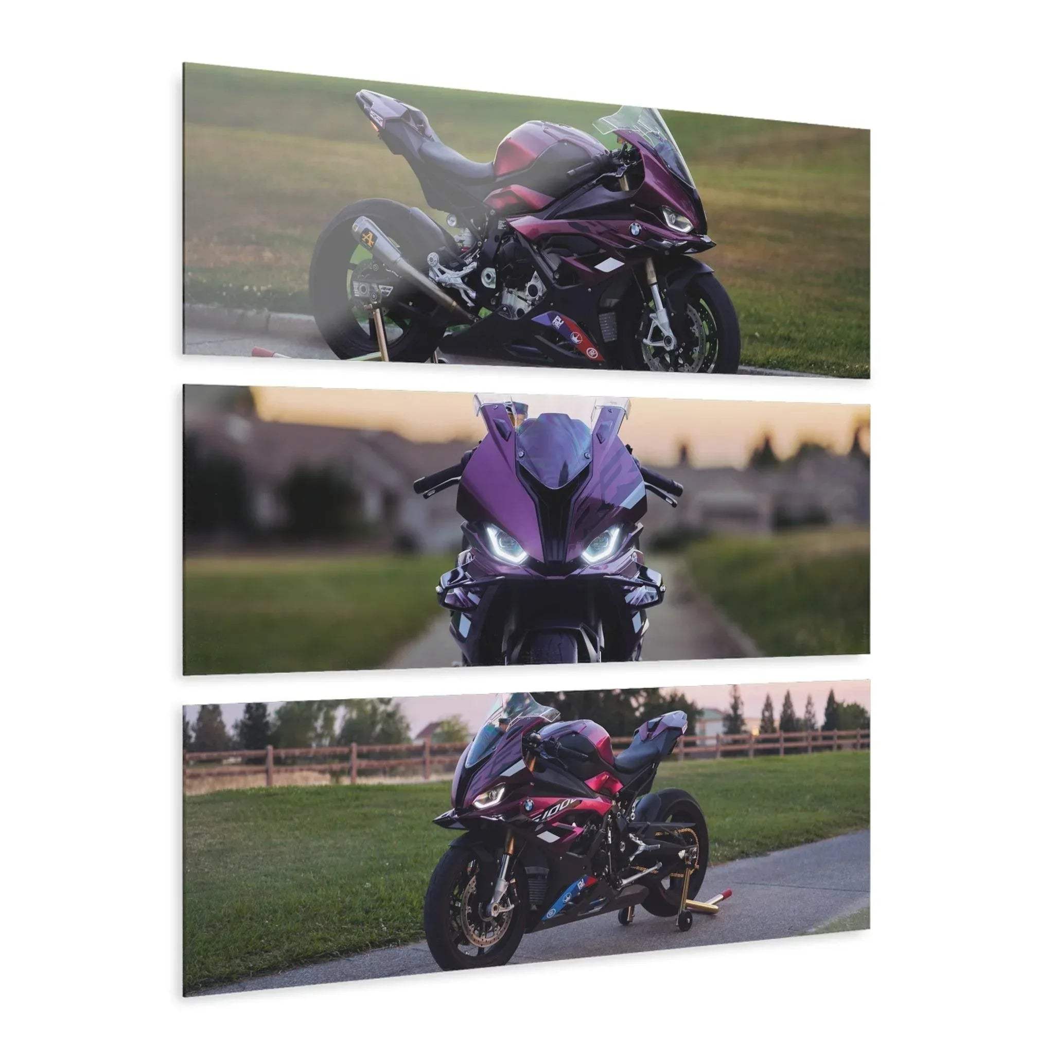 BMW S1000RR motorcycle three-piece acrylic canvas art set for wall decor.