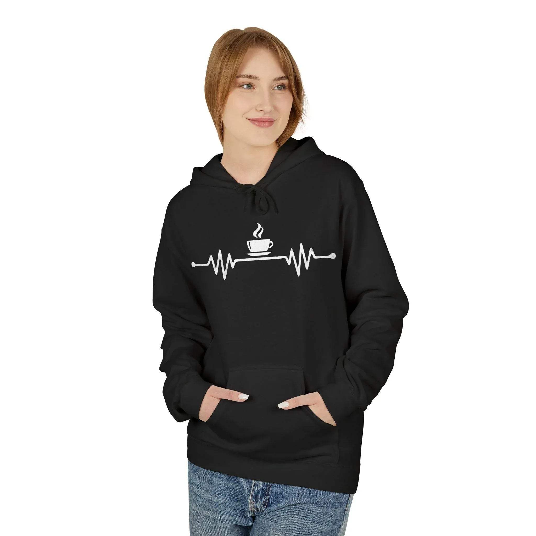Cozy Coffee Lover's Fleece Hoodie – Heartbeat Design for Ultimate Comfort