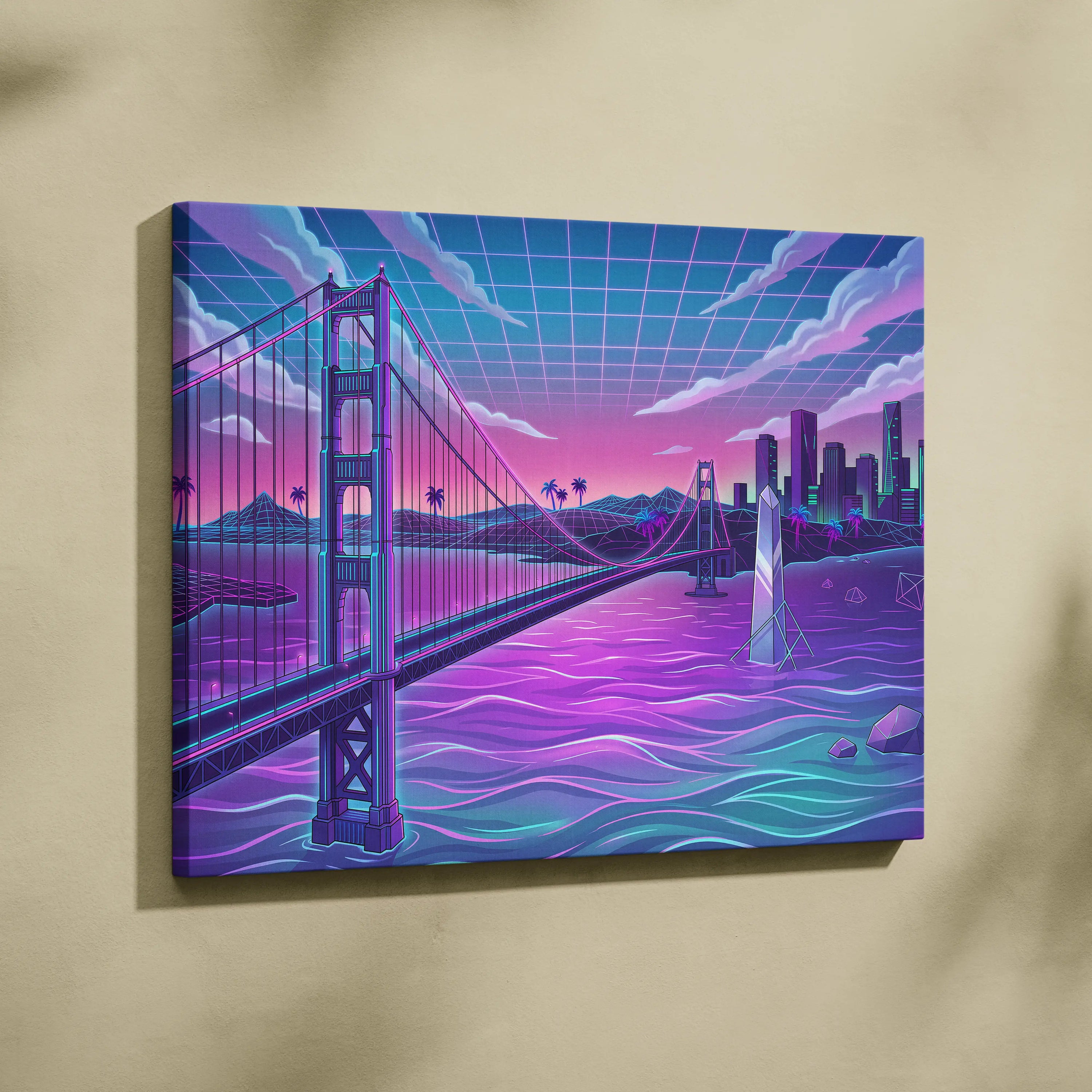 Neon Vaporwave City Canvas - Vaporwave City Neon Pink Purple Blue Living Room Decor Retro Futurism Dreamy Neon Nostalgia Vaporwave Decor Canvas Print