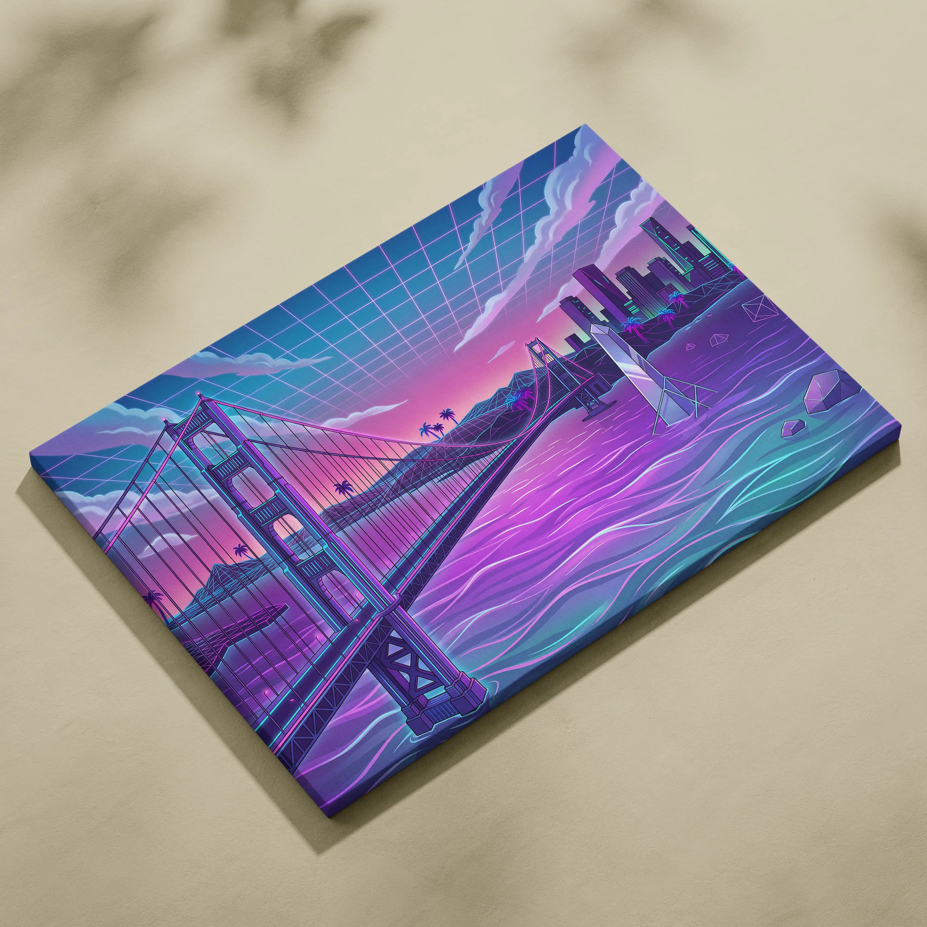 Neon Vaporwave City Canvas - Vaporwave City Neon Pink Purple Blue Living Room Decor Retro Futurism Dreamy Neon Nostalgia Vaporwave Decor Canvas Print