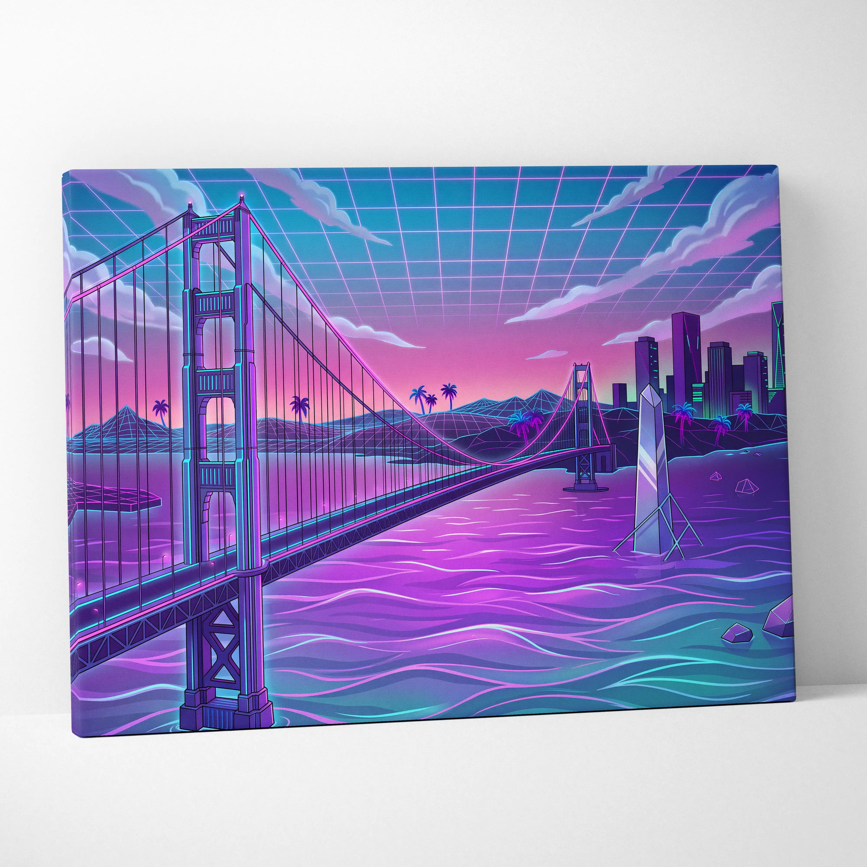 Neon Vaporwave City Canvas - Vaporwave City Neon Pink Purple Blue Living Room Decor Retro Futurism Dreamy Neon Nostalgia Vaporwave Decor Canvas Print