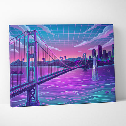 Neon Vaporwave City Canvas - Vaporwave City Neon Pink Purple Blue Living Room Decor Retro Futurism Dreamy Neon Nostalgia Vaporwave Decor Canvas Print