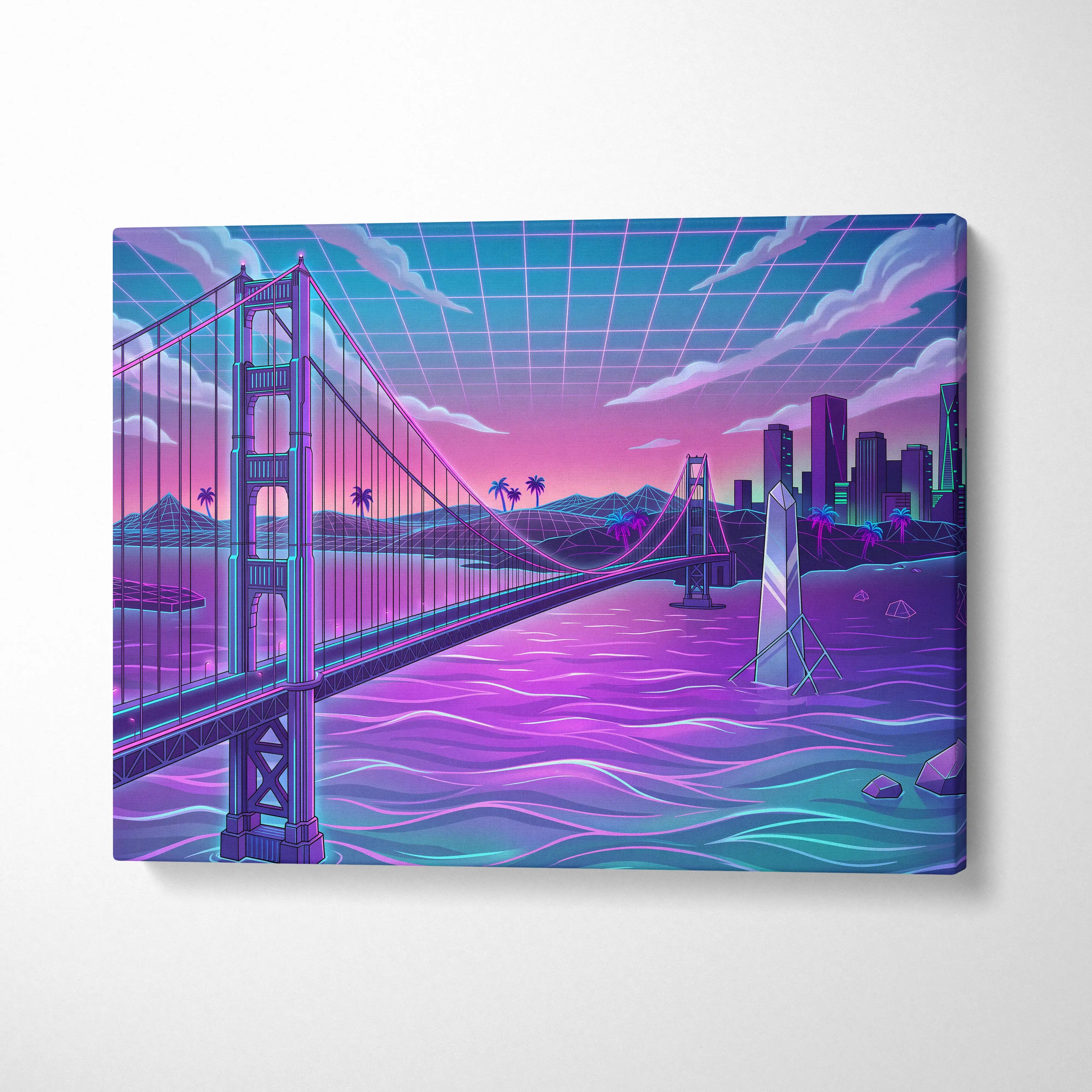 Neon Vaporwave City Canvas - Vaporwave City Neon Pink Purple Blue Living Room Decor Retro Futurism Dreamy Neon Nostalgia Vaporwave Decor Canvas Print