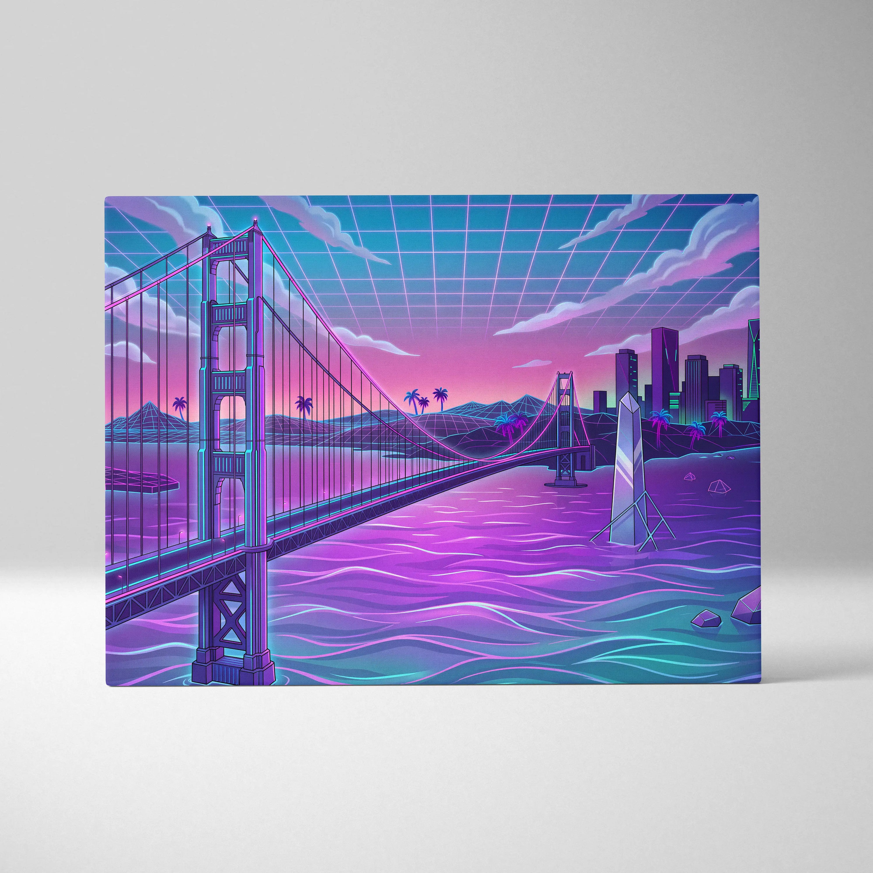Neon Vaporwave City Canvas - Vaporwave City Neon Pink Purple Blue Living Room Decor Retro Futurism Dreamy Neon Nostalgia Vaporwave Decor Canvas Print