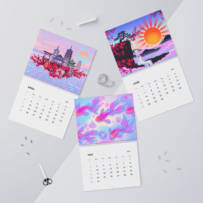 2027 Japan Inspired Vaporwave Wall Calendar – Koi Fish, Mount Fuji & Neon Wave Artwork