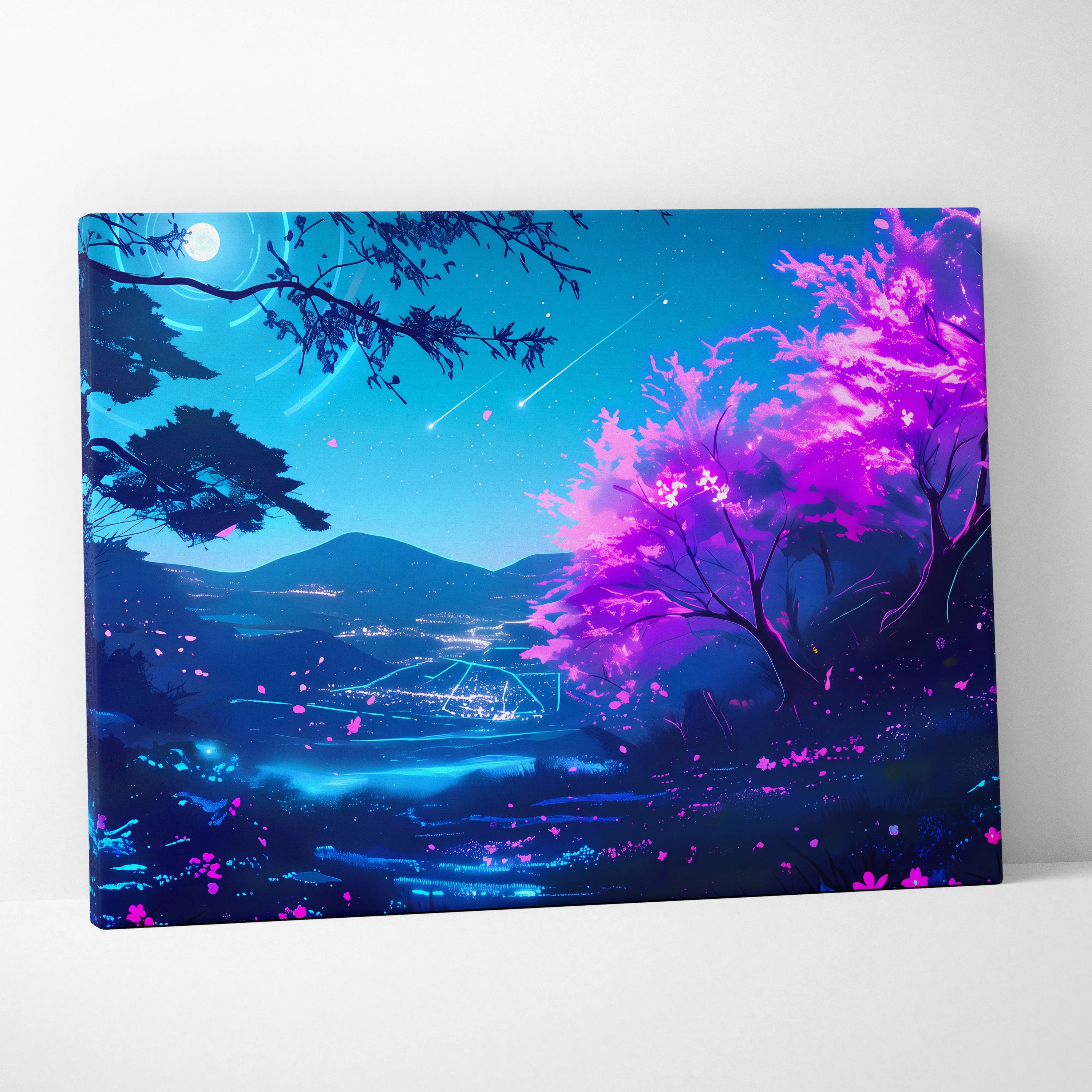 Neon Vaporwave Landscape Canvas - Vaporwave Landscape Neon Blues For Living Room Synthwave Dreamy Mood Modern Wall Decor