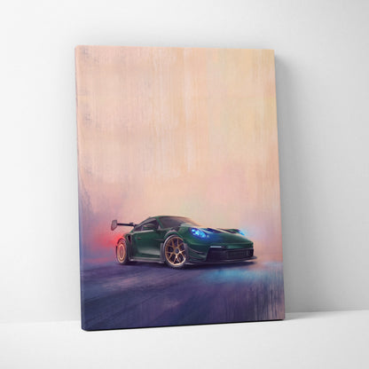 Green porsche 911 gt3 rs inspired racing car canvas print with glowing blue headlights and gold rims wall art