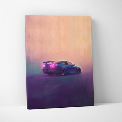Nissan skyline gt-r inspired blue jdm canvas print with glowing pink taillights and gradient sunset background