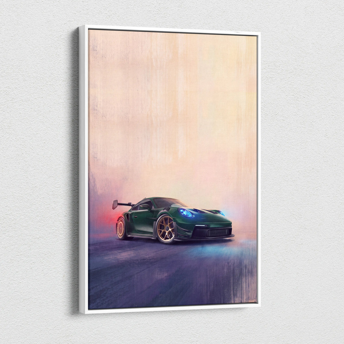 Green Porsche 911 GT3 RS sports car illustration on a white-framed canvas print for car wall art track edition