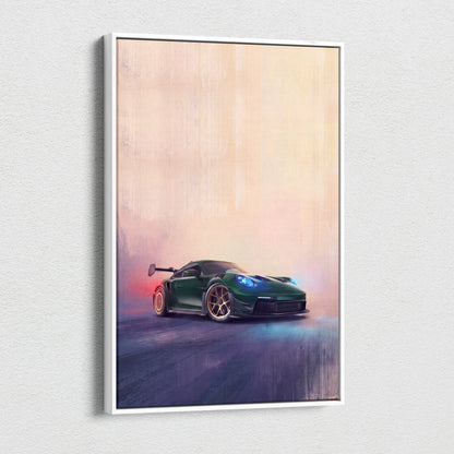 Green Porsche 911 GT3 RS sports car illustration on a white-framed canvas print for car wall art track edition