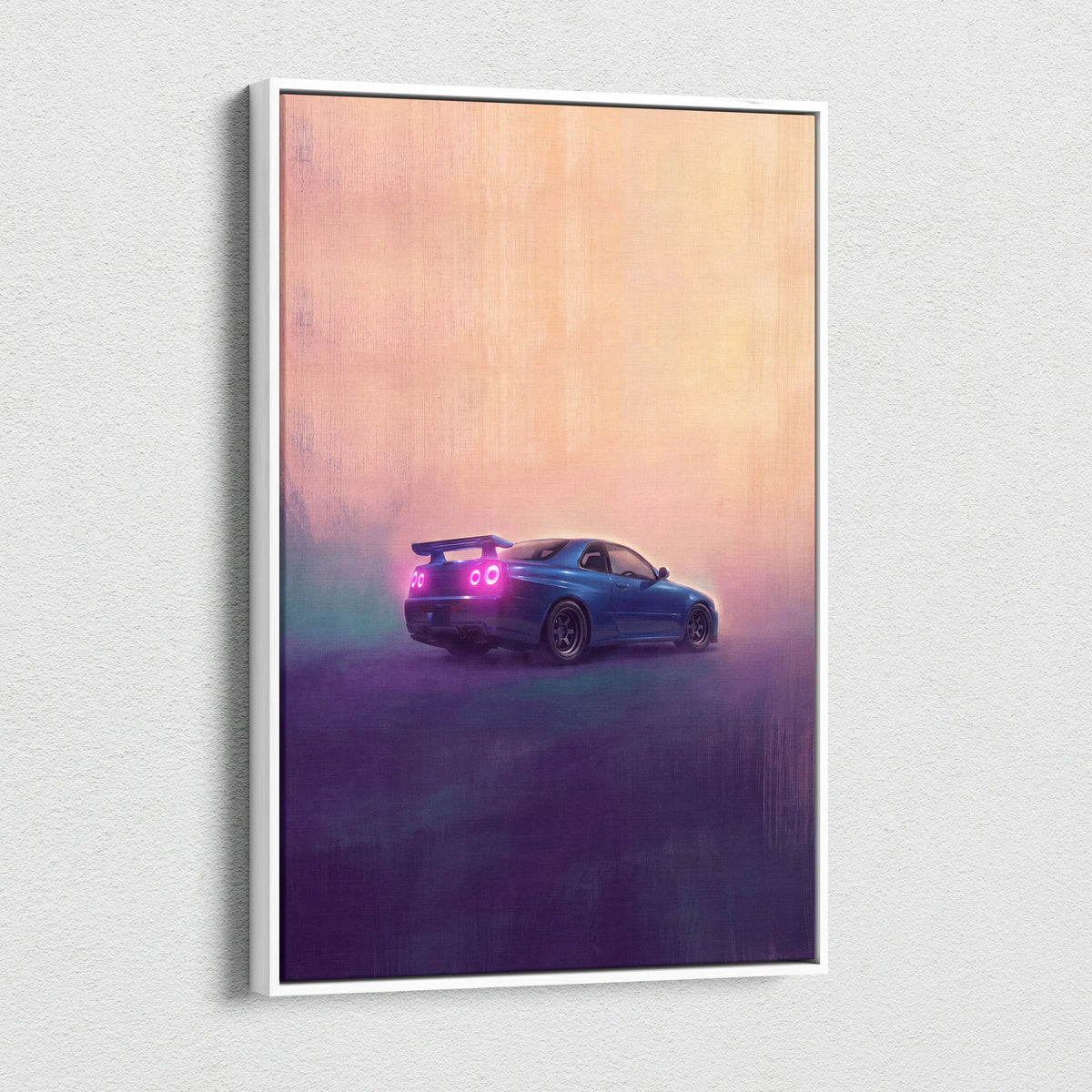 A framed canvas print of a blue Nissan Skyline R34 with glowing pink taillights against a dreamy gradient sky