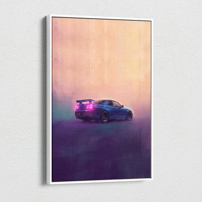 A framed canvas print of a blue Nissan Skyline R34 with glowing pink taillights against a dreamy gradient sky