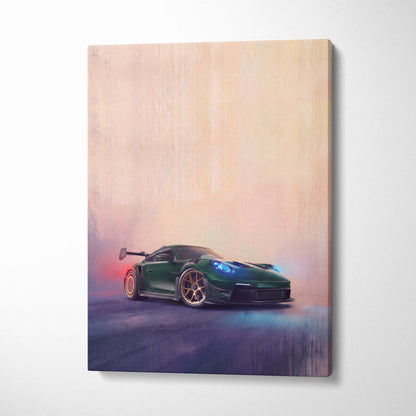 Green Porsche 911 GT3 RS inspired canvas print with glowing blue headlights and gold rims for car wall art