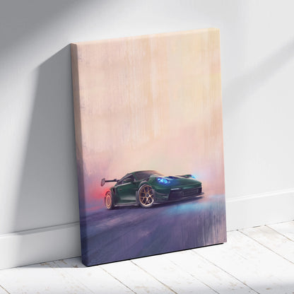 Green porsche 911 gt3 rs inspired canvas print with glowing blue headlights and gold rims against sunset backdrop