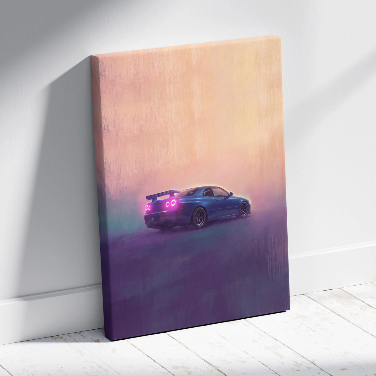Nissan skyline gt-r inspired automotive wall art featuring a vibrant blue r34 with glowing pink taillights on canvas